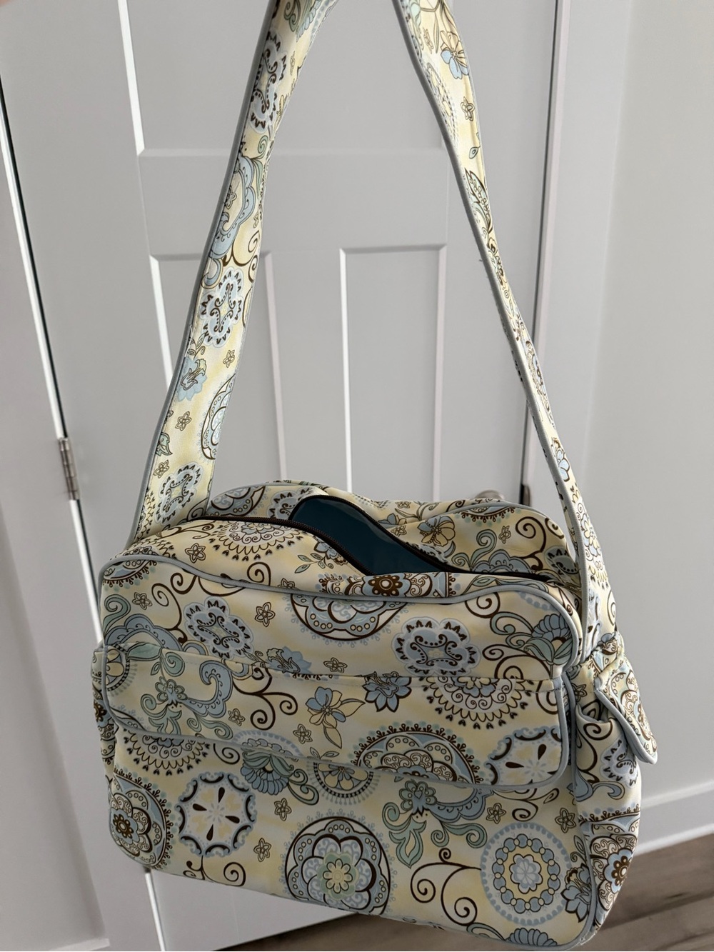Cream Paisley Baby Crossbody Diaper Bag with Pale Blue Accents